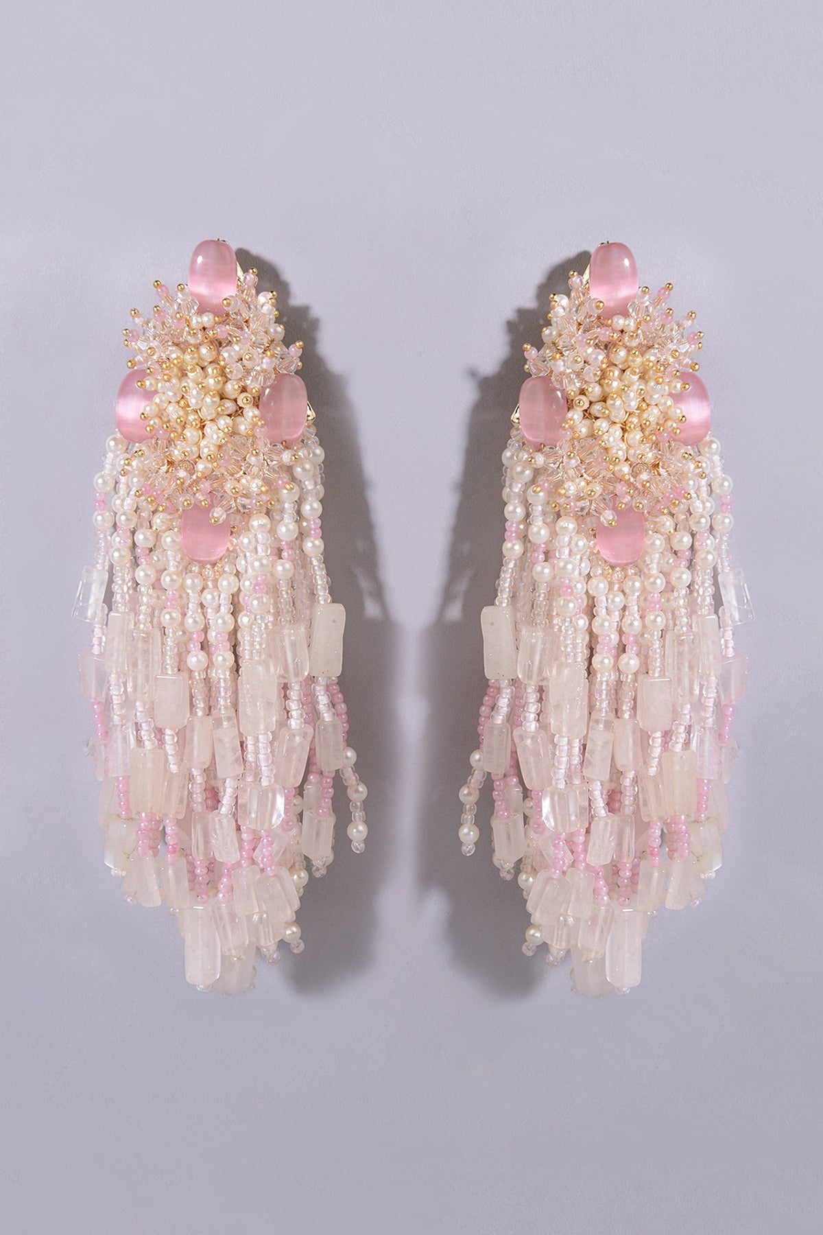 Gold Finish Baby Pink Stone Dangler Earrings
