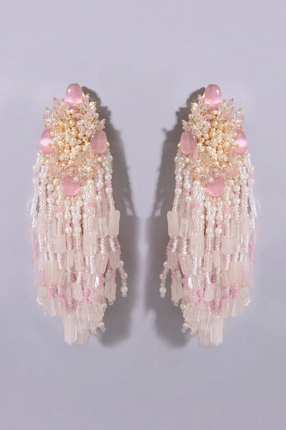 Gold Finish Baby Pink Stone Dangler Earrings