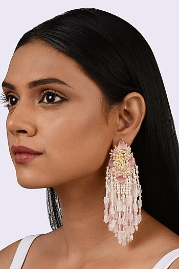 Gold Finish Baby Pink Stone Dangler Earrings