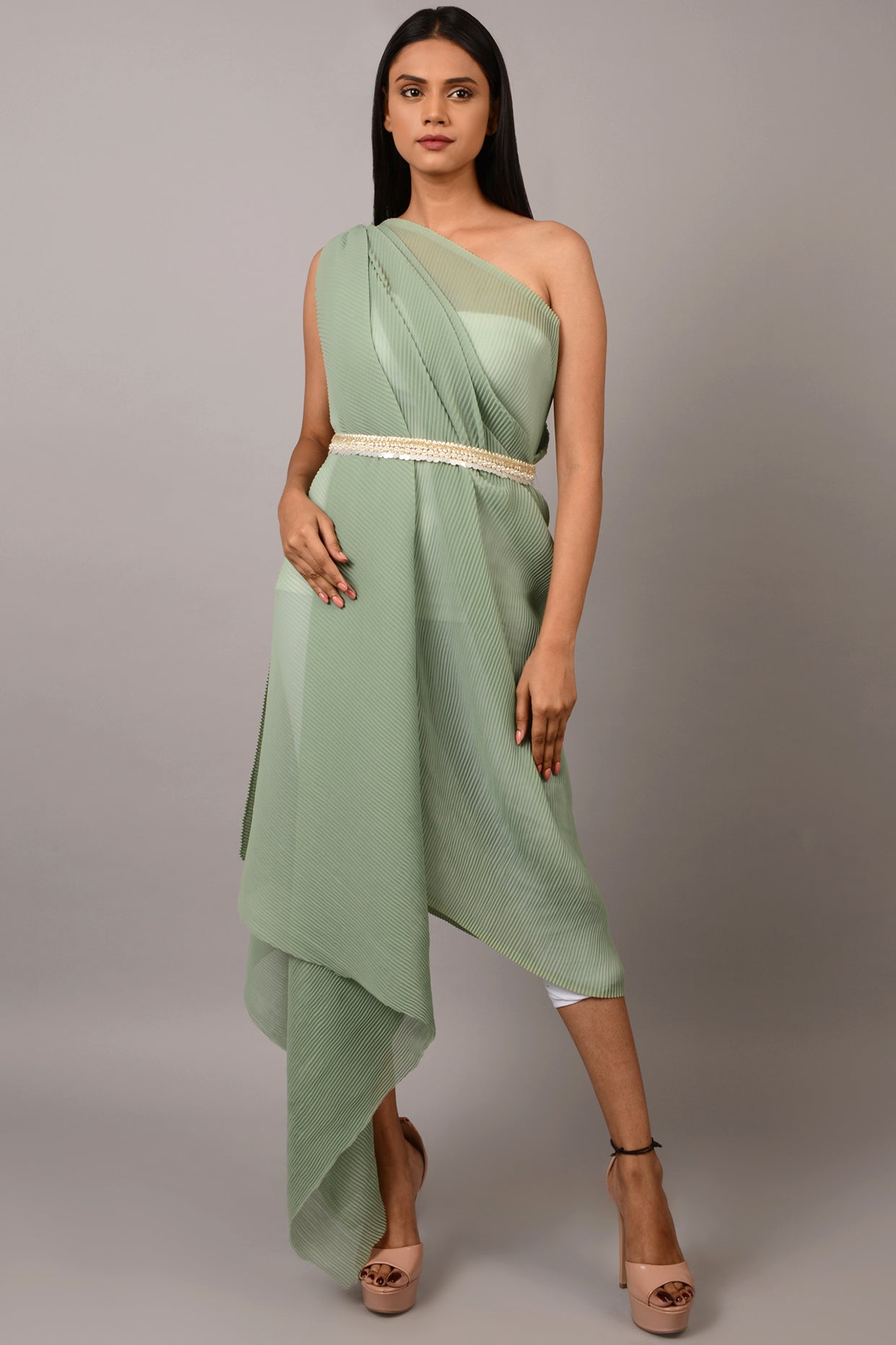 White Finish Belt With Shell Pearls