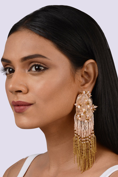 Gold Finish Crystal Pink Gemstone Dangler Earrings
