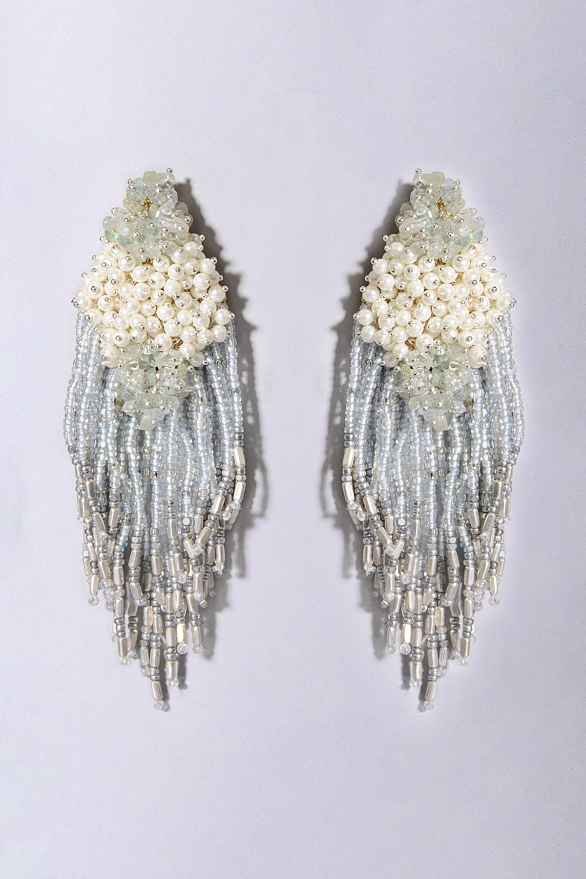 Gold Finish Grey Pearl & Glass Beaded Dangler Earrings