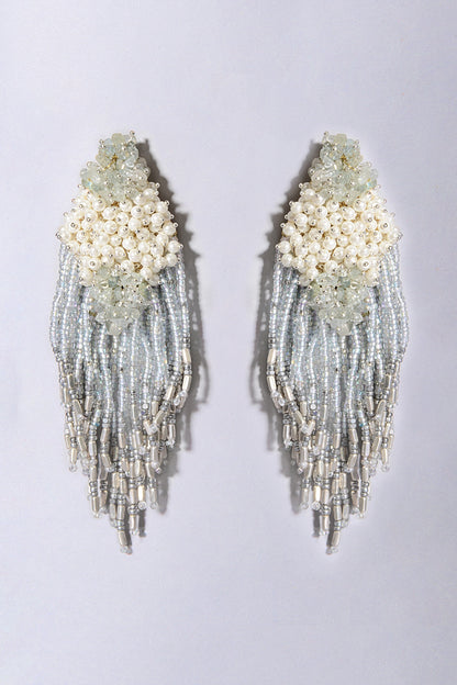 Gold Finish Grey Pearl & Glass Beaded Dangler Earrings