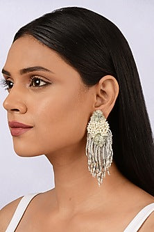 Gold Finish Grey Pearl & Glass Beaded Dangler Earrings