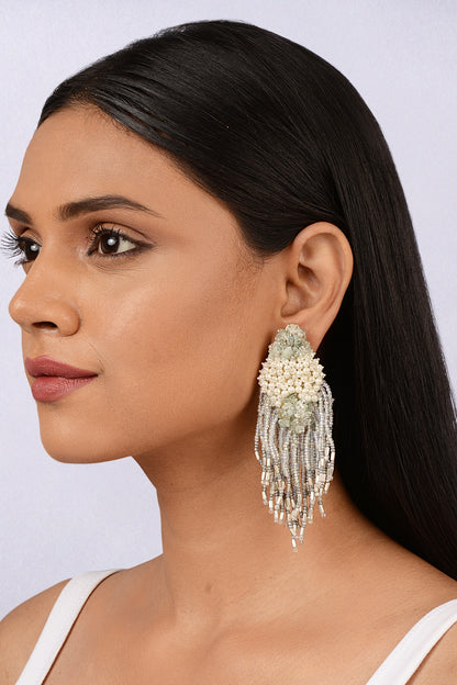 Gold Finish Grey Pearl & Glass Beaded Dangler Earrings