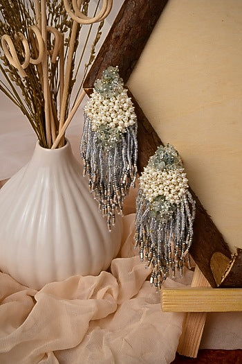Gold Finish Grey Pearl & Glass Beaded Dangler Earrings