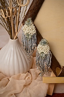 Gold Finish Grey Pearl & Glass Beaded Dangler Earrings