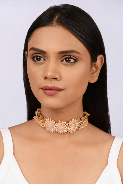 Gold Finish Dusty Pink Stone Choker Necklace