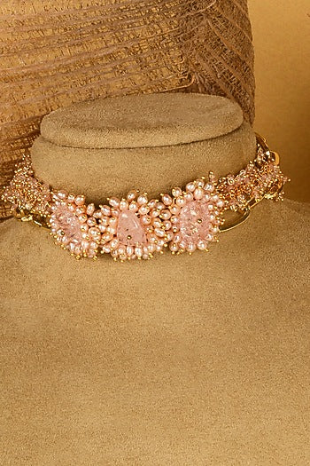 Gold Finish Dusty Pink Stone Choker Necklace