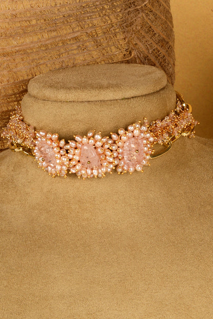 Gold Finish Dusty Pink Stone Choker Necklace