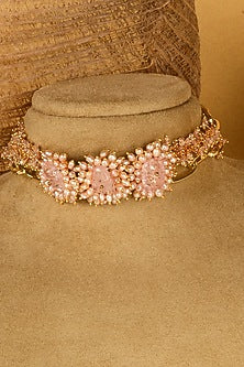 Gold Finish Dusty Pink Stone Choker Necklace