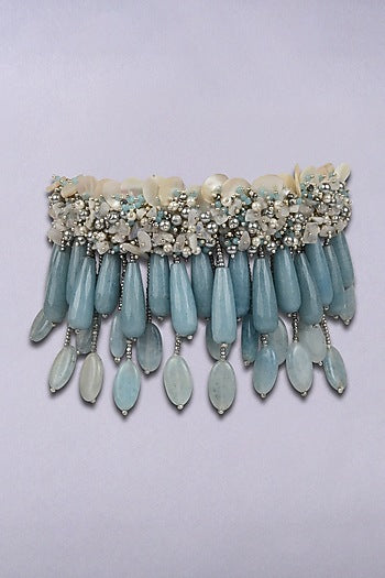 Gold Finish Aqua Blue Glass Stone Choker Necklace Set