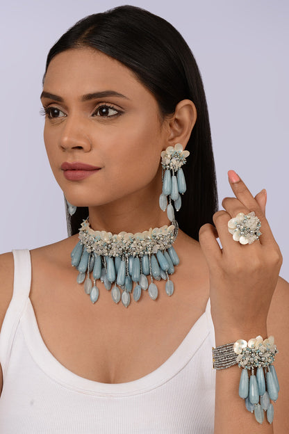Gold Finish Aqua Blue Glass Stone Choker Necklace Set