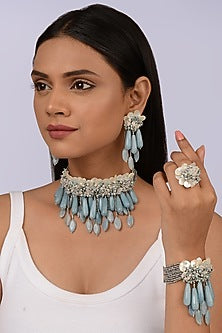 Gold Finish Aqua Blue Glass Stone Choker Necklace Set