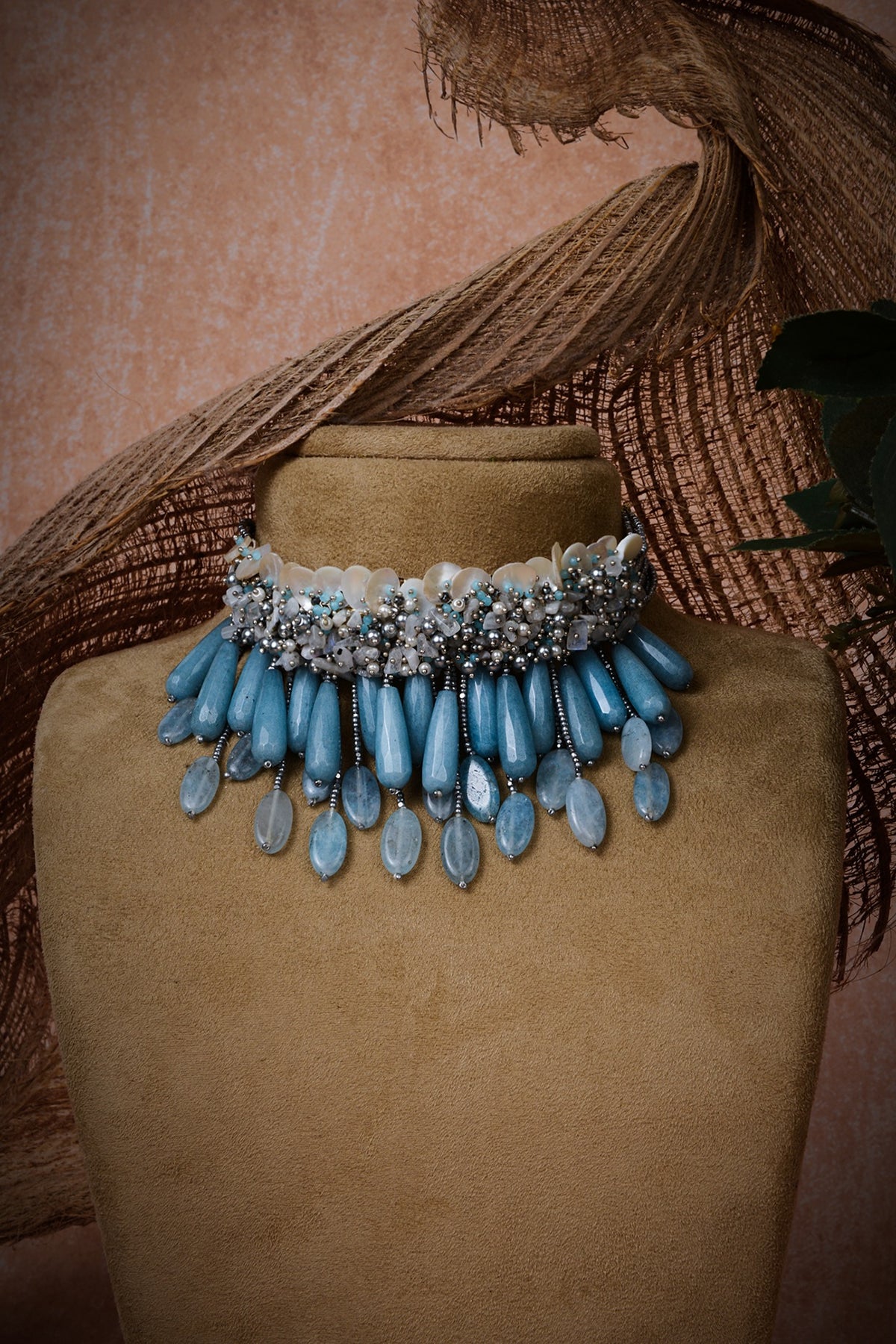 Gold Finish Aqua Blue Glass Stone Choker Necklace Set