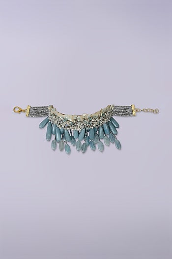 Gold Finish Aqua Blue Glass Stone Choker Necklace Set