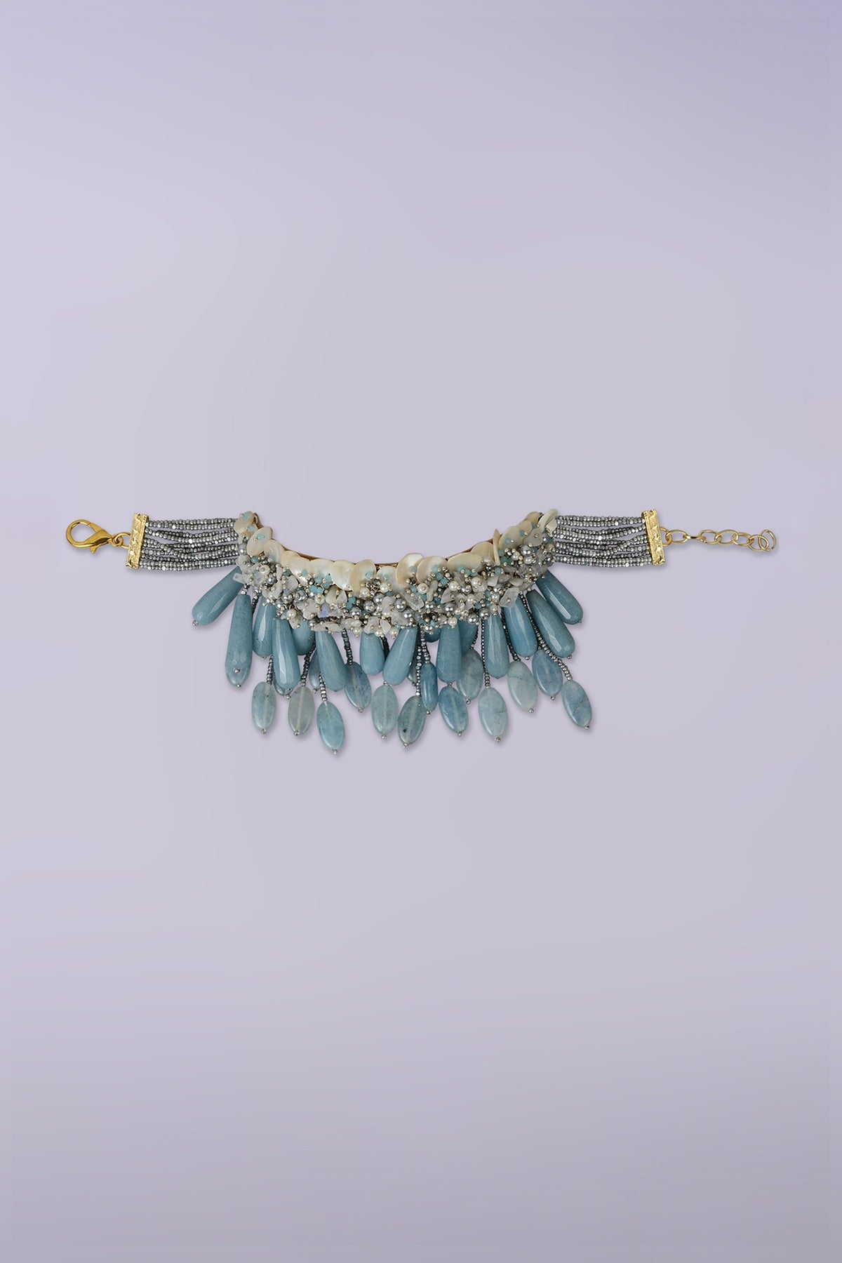 Gold Finish Aqua Blue Glass Stone Choker Necklace Set
