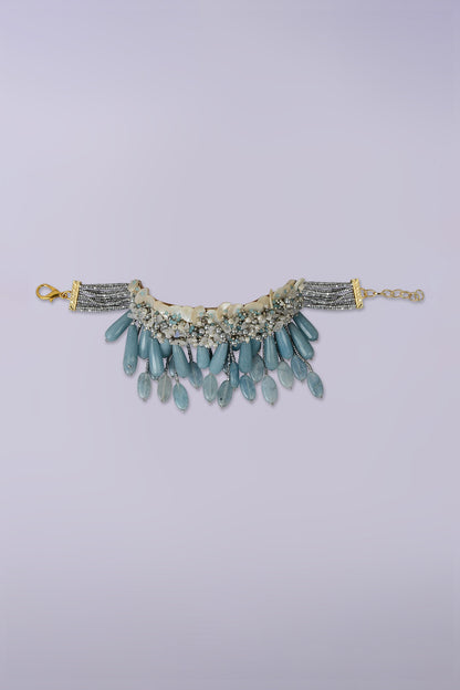 Gold Finish Aqua Blue Glass Stone Choker Necklace Set