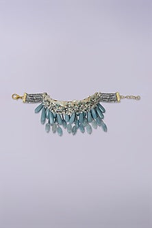 Gold Finish Aqua Blue Glass Stone Choker Necklace Set