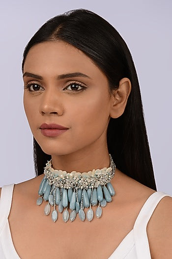 Gold Finish Aqua Blue Glass Stone Choker Necklace Set