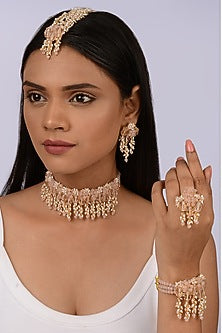 Gold Finish Beige & Peach Shell Pearl Choker Necklace Set