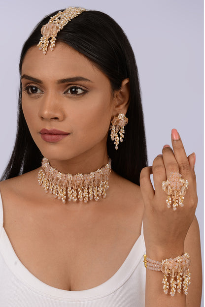 Gold Finish Beige & Peach Shell Pearl Choker Necklace Set