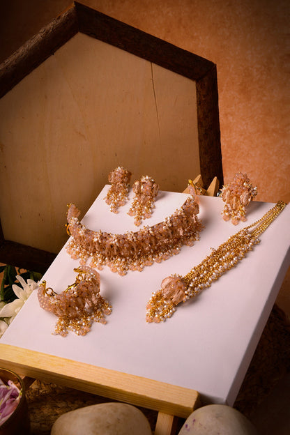 Gold Finish Beige & Peach Shell Pearl Choker Necklace Set