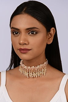 Gold Finish Beige & Peach Shell Pearl Choker Necklace Set