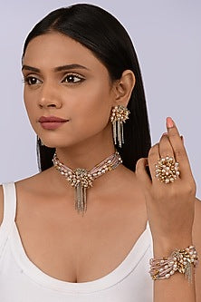 Gold Finish Dark Rose Pearl Handcrafted Choker Necklace Set