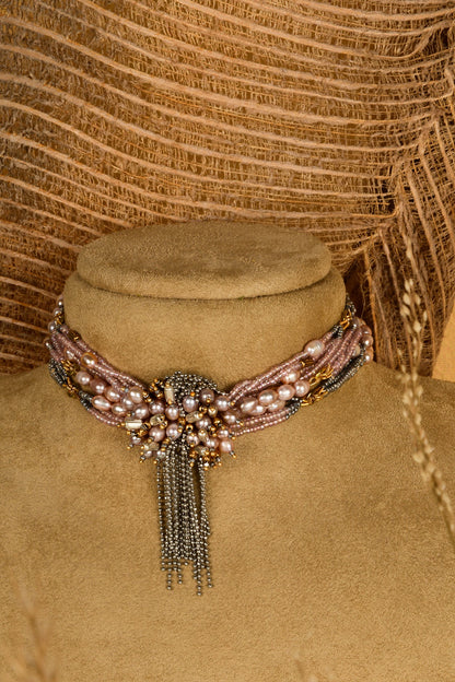 Gold Finish Dark Rose Pearl Handcrafted Choker Necklace Set