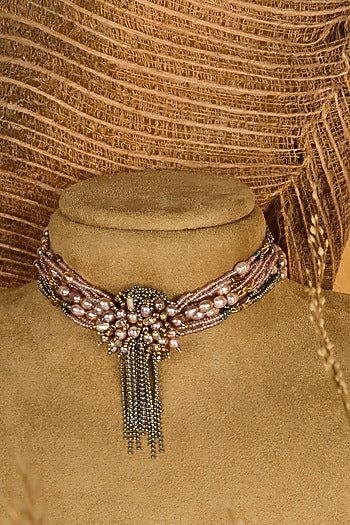 Gold Finish Dark Rose Pearl Handcrafted Choker Necklace Set