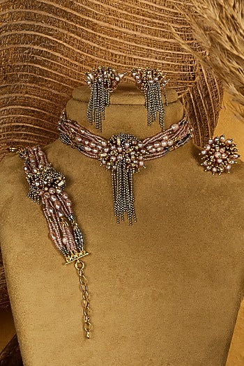 Gold Finish Dark Rose Pearl Handcrafted Choker Necklace Set