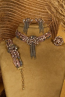 Gold Finish Dark Rose Pearl Handcrafted Choker Necklace Set