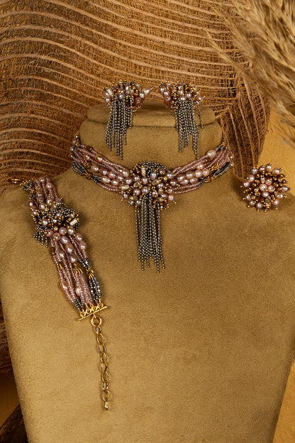 Gold Finish Dark Rose Pearl Handcrafted Choker Necklace Set
