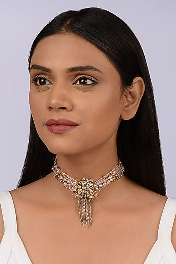 Gold Finish Dark Rose Pearl Handcrafted Choker Necklace Set