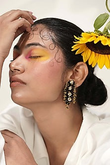 Gold Finish Black & Golden Beaded Dangler Earrings