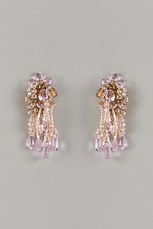 Gold Finish Rose Quartz & Light Pink Crystal Dangler Earrings
