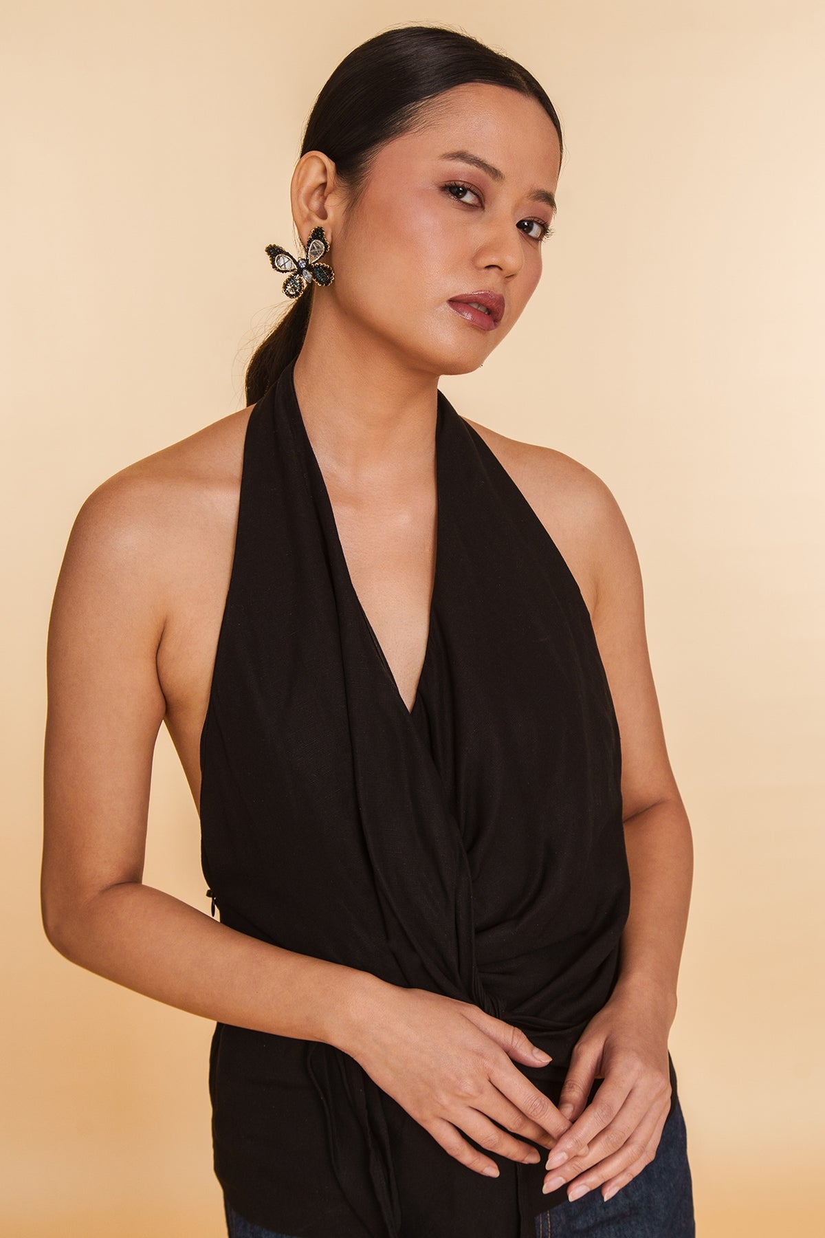 Black Glass Beaded & Metallic Thread Dangler Earrings