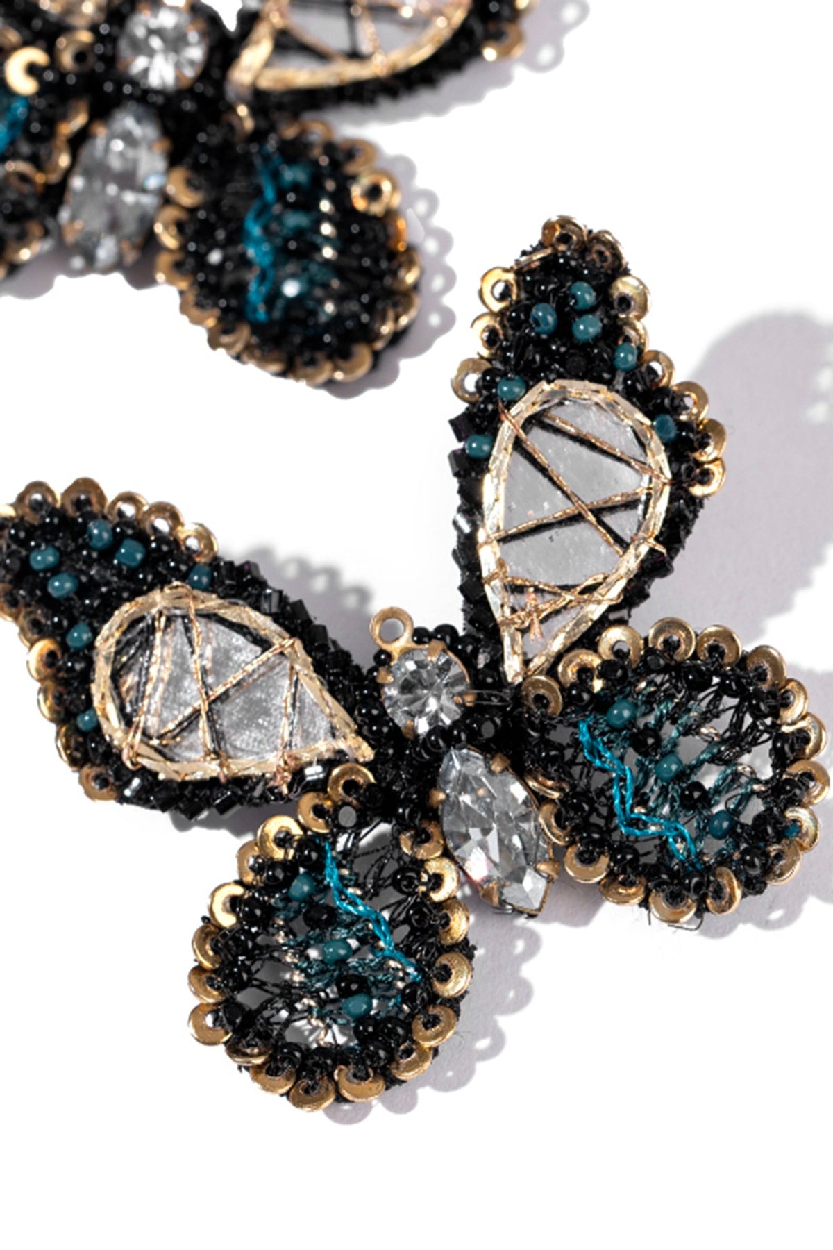 Black Glass Beaded & Metallic Thread Dangler Earrings