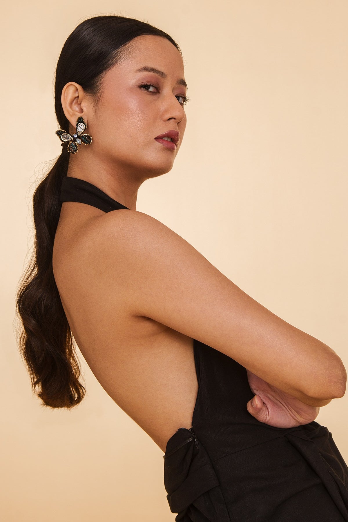 Black Glass Beaded & Metallic Thread Dangler Earrings