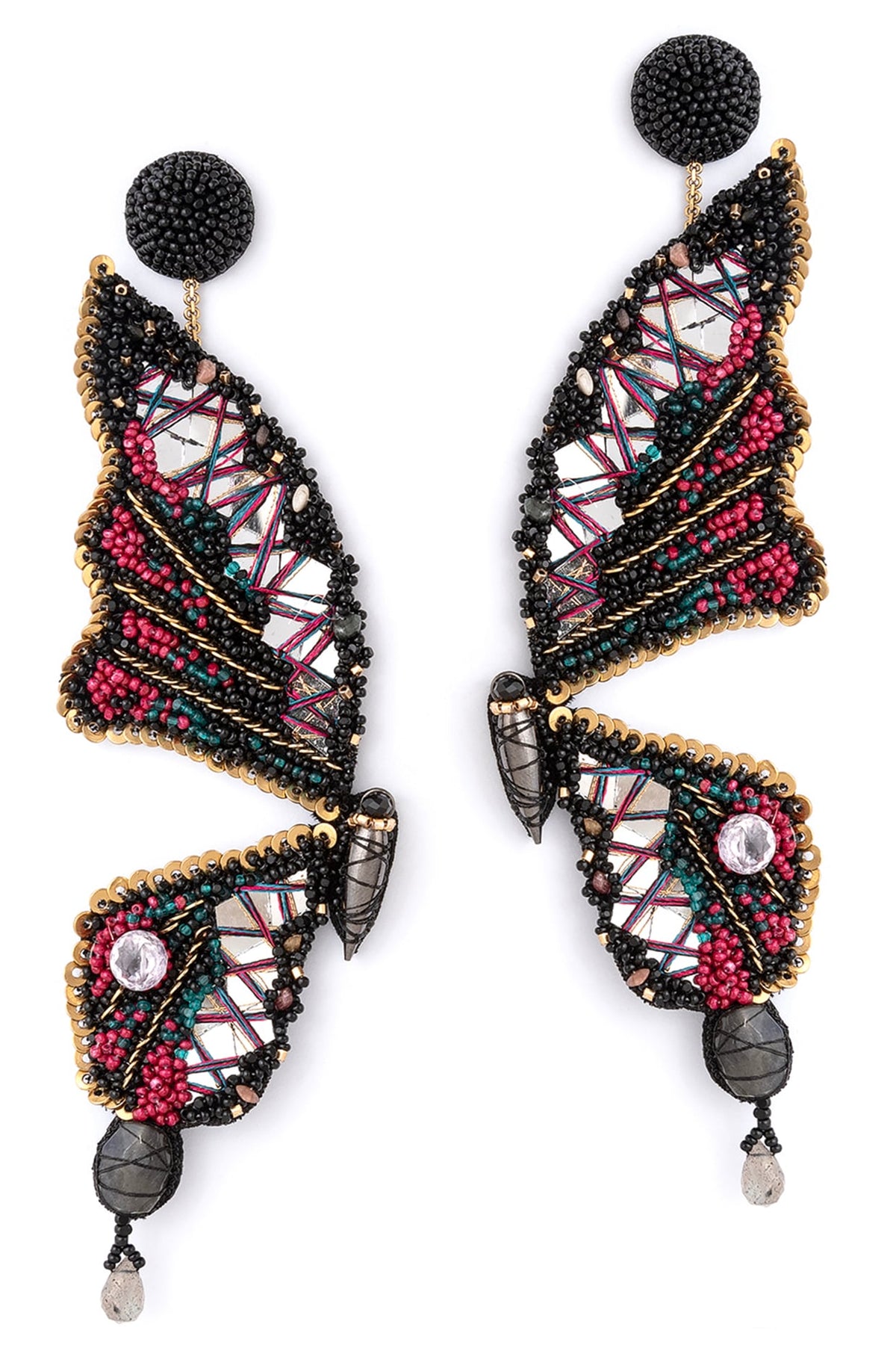 Black Glass Beaded & Metallic Thread Dangler Earrings