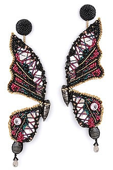 Black Glass Beaded & Metallic Thread Dangler Earrings