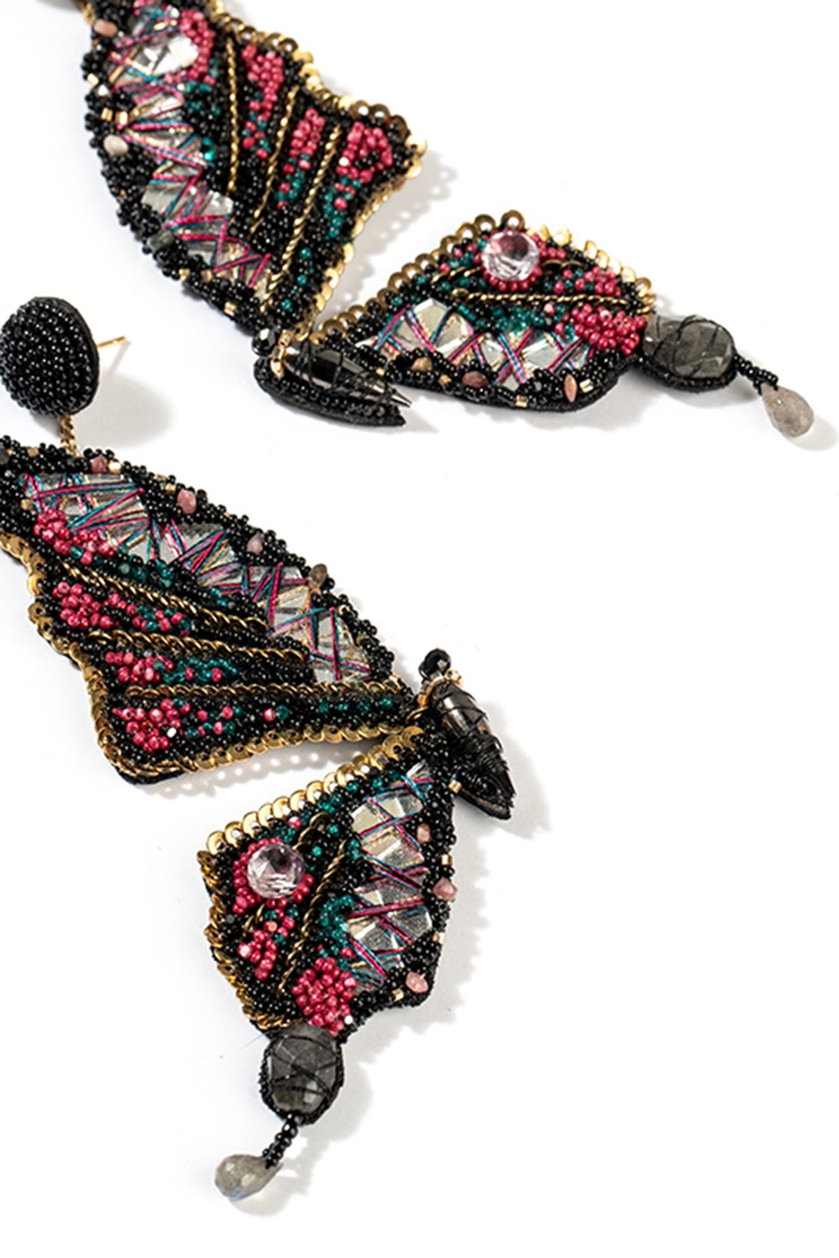 Black Glass Beaded & Metallic Thread Dangler Earrings