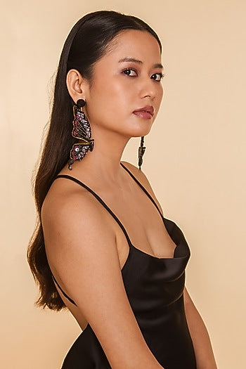 Black Glass Beaded & Metallic Thread Dangler Earrings