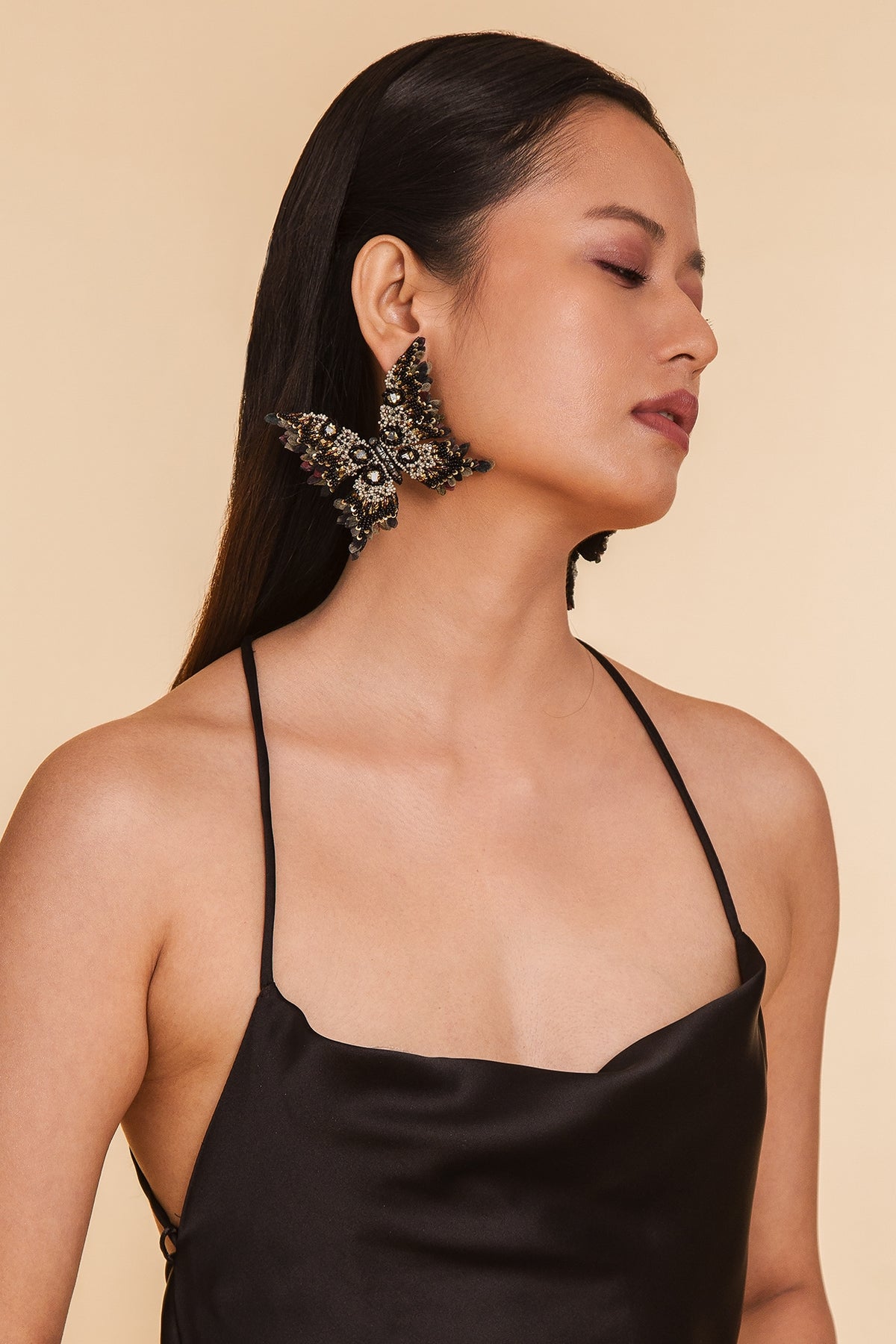 Black Glass Beaded & Semi-Precious Stone Dangler Earrings