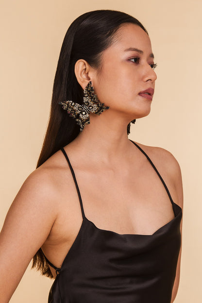 Black Glass Beaded & Semi-Precious Stone Dangler Earrings