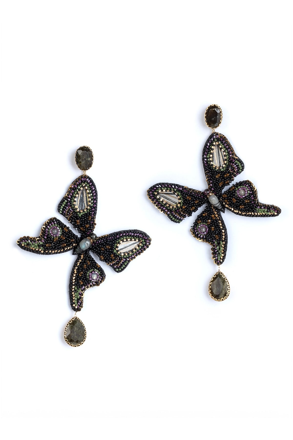 Black Glass Beaded & Semi-Precious Stone Dangler Earrings
