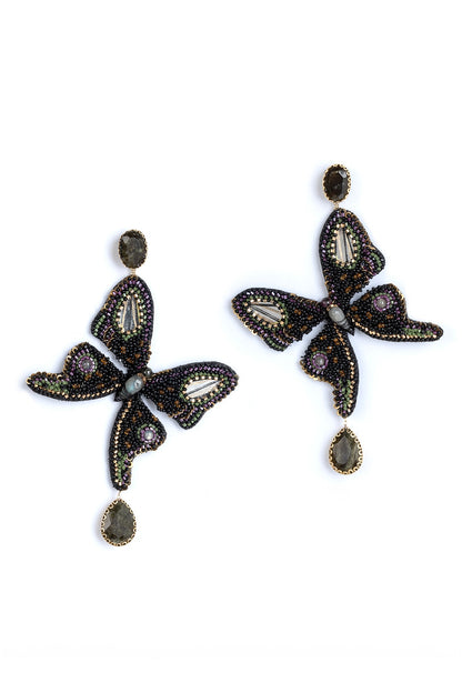 Black Glass Beaded & Semi-Precious Stone Dangler Earrings