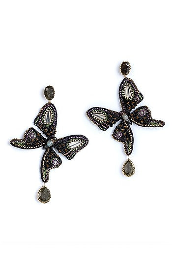 Black Glass Beaded & Semi-Precious Stone Dangler Earrings
