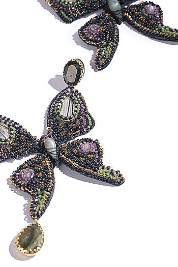 Black Glass Beaded & Semi-Precious Stone Dangler Earrings